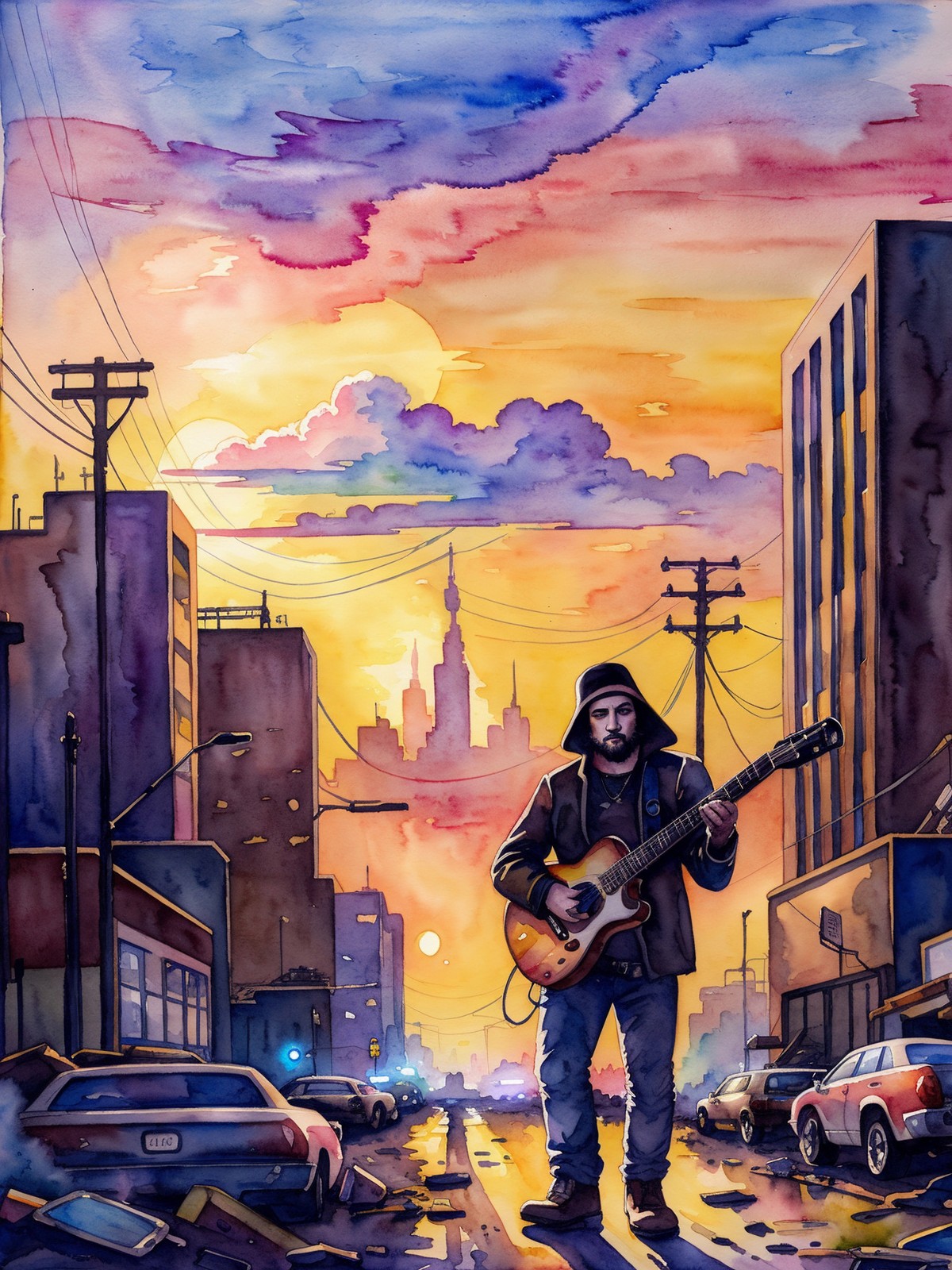 Watercolor painting A black metal guy plays his guitar on the last day on earth , post-apocalyptic destroyed city backgrou...